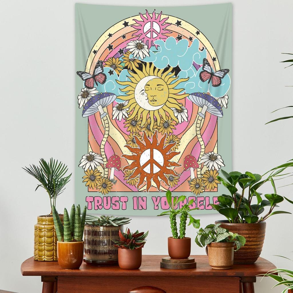 Aesthetic Retro Vintage Tapestry Wall Hanging 70s Hippie Boho Bohemian Tapestries with Trippy Mushroom Butterfly Moth Daisy