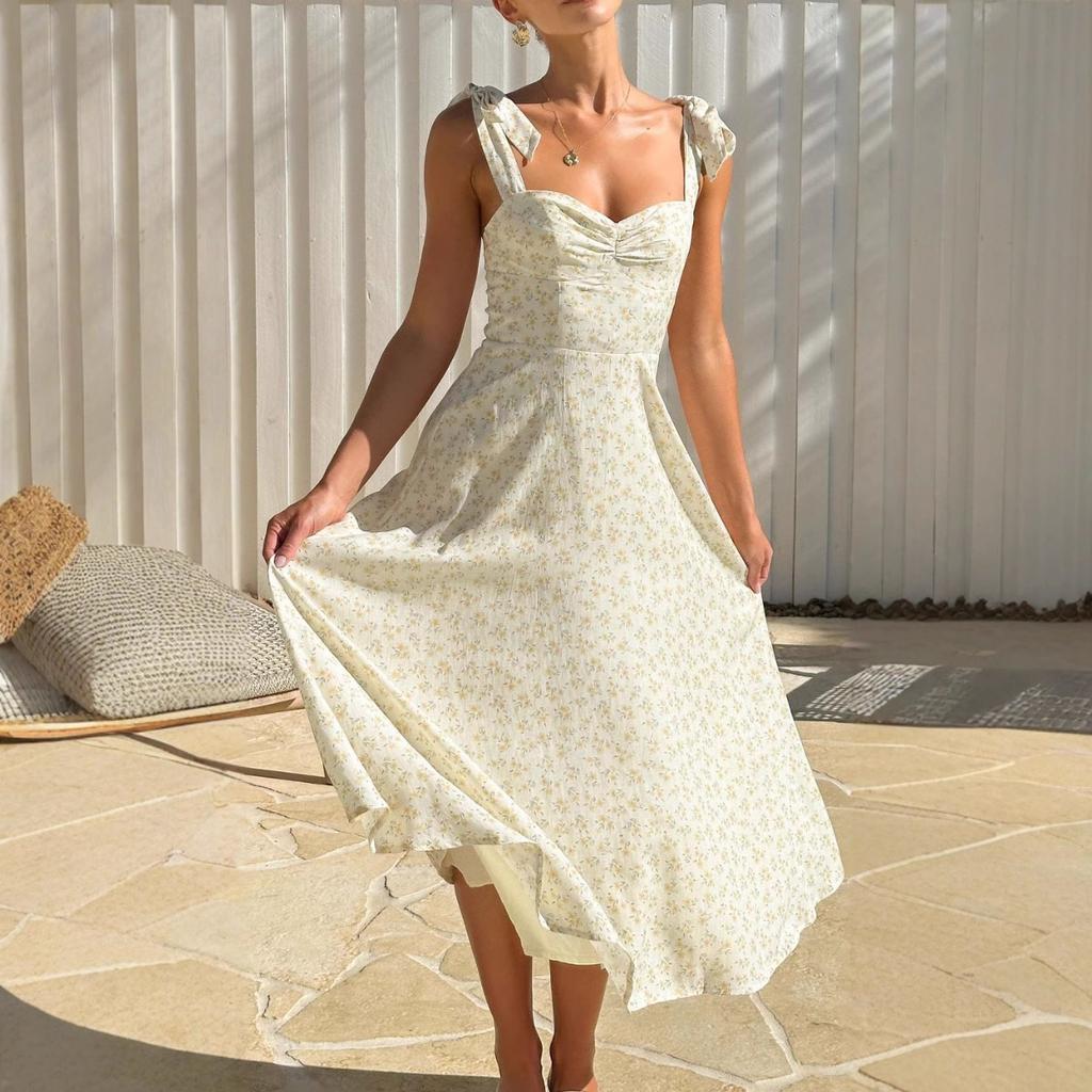 Women's Sweetheart Neck Sleeveless Midi Dress Slim Fit Mid Waist Casual Ditsy Floral Tie Strap Sundress