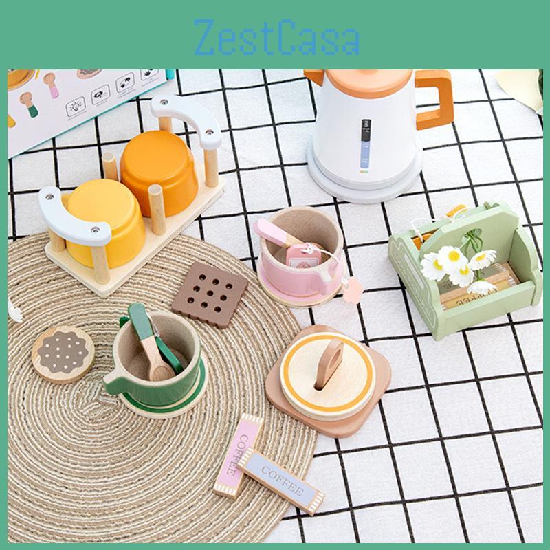 Kitchen Wooden Toy Tea Set With Realistic Accessories For Kids Educational Play