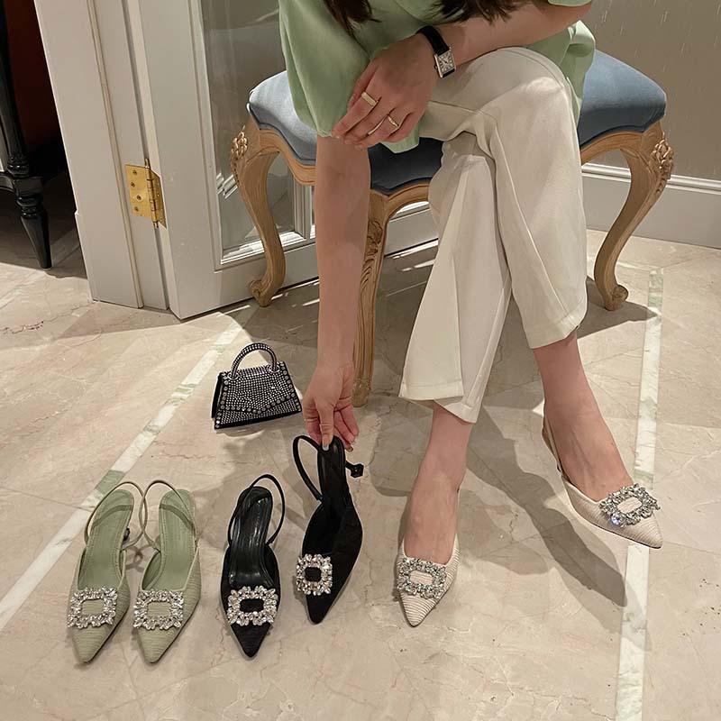 

Tender green sandals square buckle rhinestone pointed rear empty stiletto sandals women s single shoes 39