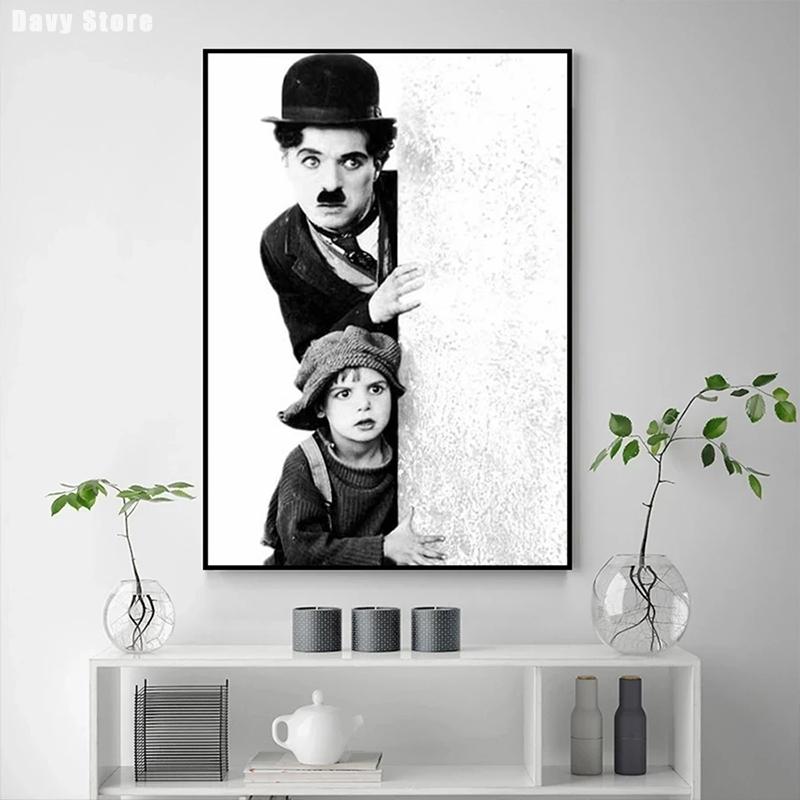 Černobílý komediální mistr Charlie Chaplin a Chlapec Filmové plakáty Plátno Tištěný obraz Nástěnné umění Obrázky Pokoj Domácí dekorace