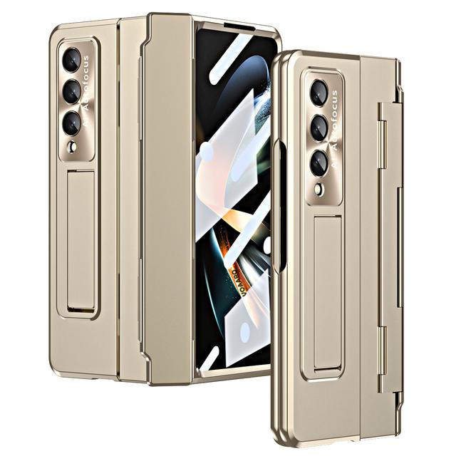 For Samsung Galaxy Z Fold 4 Leveling Hinge Case Kickstand Cover For Galaxy Z Fold 4 3 Plating Case With Front Screen Glass Film