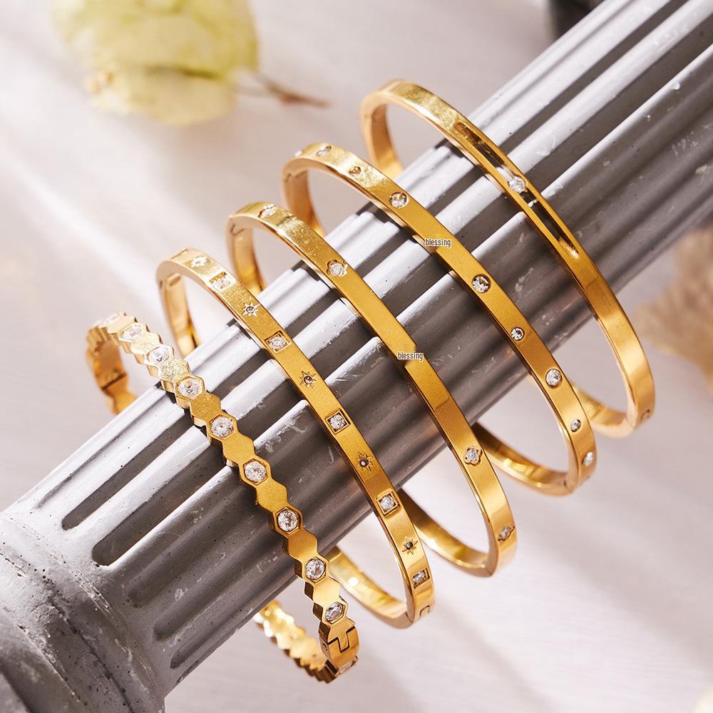 Stainless Steel Geometric Zirconia Bracelet - Chic European American Cross-Border Style Set