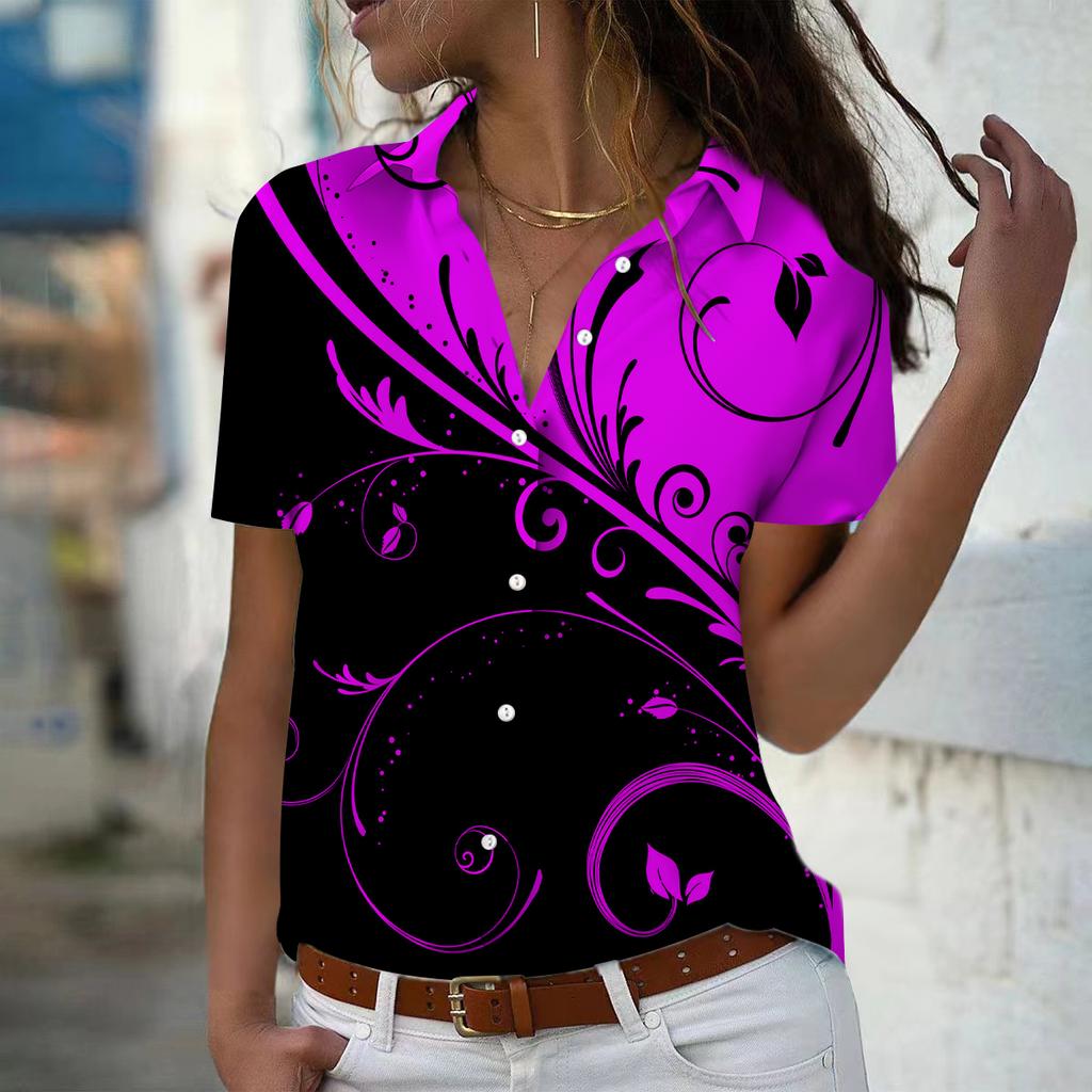 2025 Summer New Fashion Women's Feather Printed Short Sleeve V-neck Casual Button-down Shirt Top