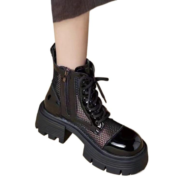 Mote Sommer Svarte Damesandaler Mote Ankelstøvletter Uformelle Flate Kontrastpaneler Utskjæring Mesh Muffinsandaler Platform Sportstøvler