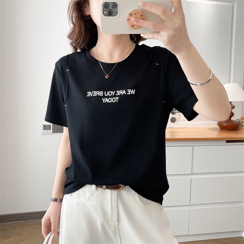 

2026 Summer Plus Size Cotton Short Sleeve Shirt for Women - Letter Fashion Versatile Slimming Chubby Girl T-shirt 3XL чорний