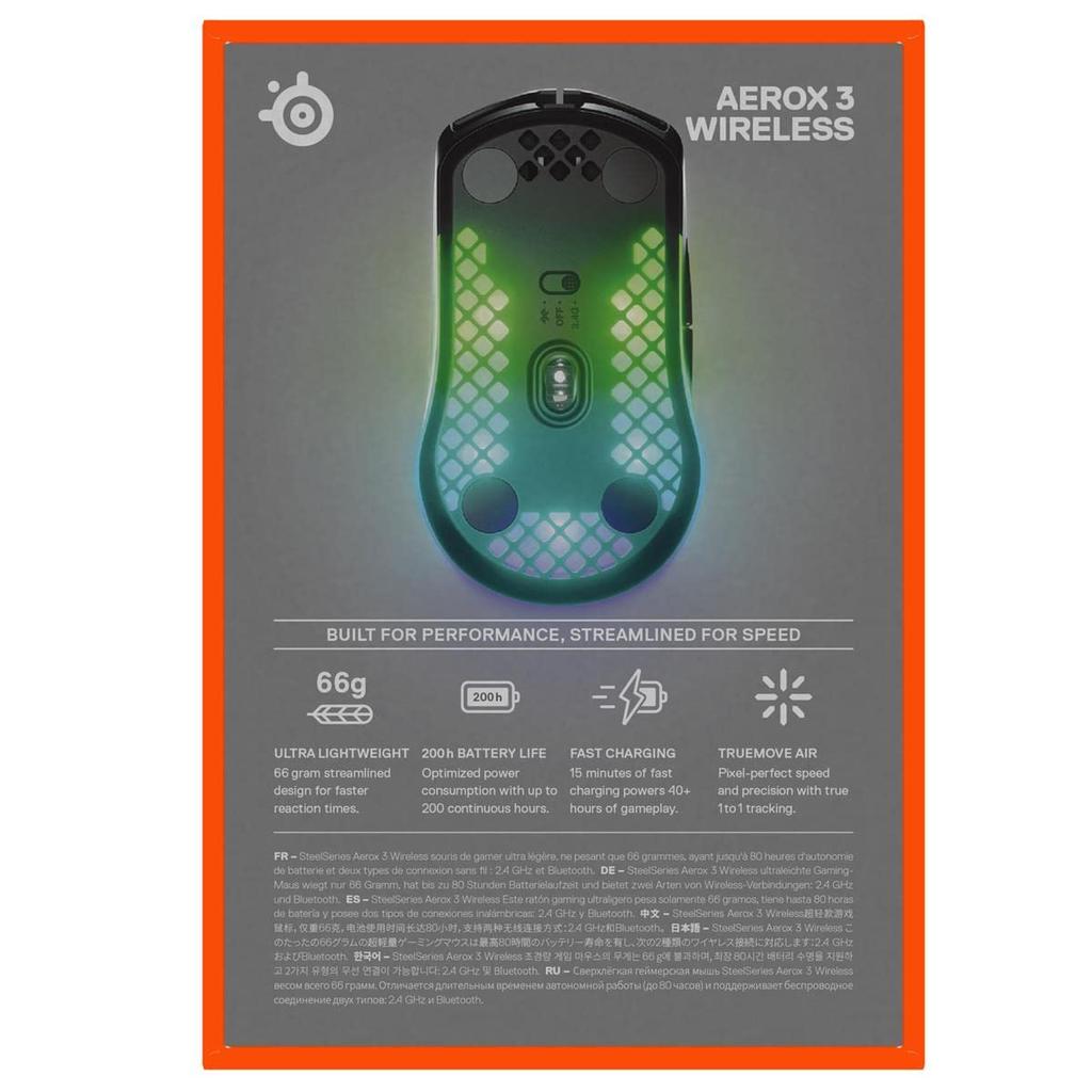 SteelSeries Aerox 3 Wireless Gaming Bluetooth Quantum Over 200 Hours of Battery RGB Not Sold In Japan Mouse, Ultra-Lightweight 66g, 2.4GHz 2.0