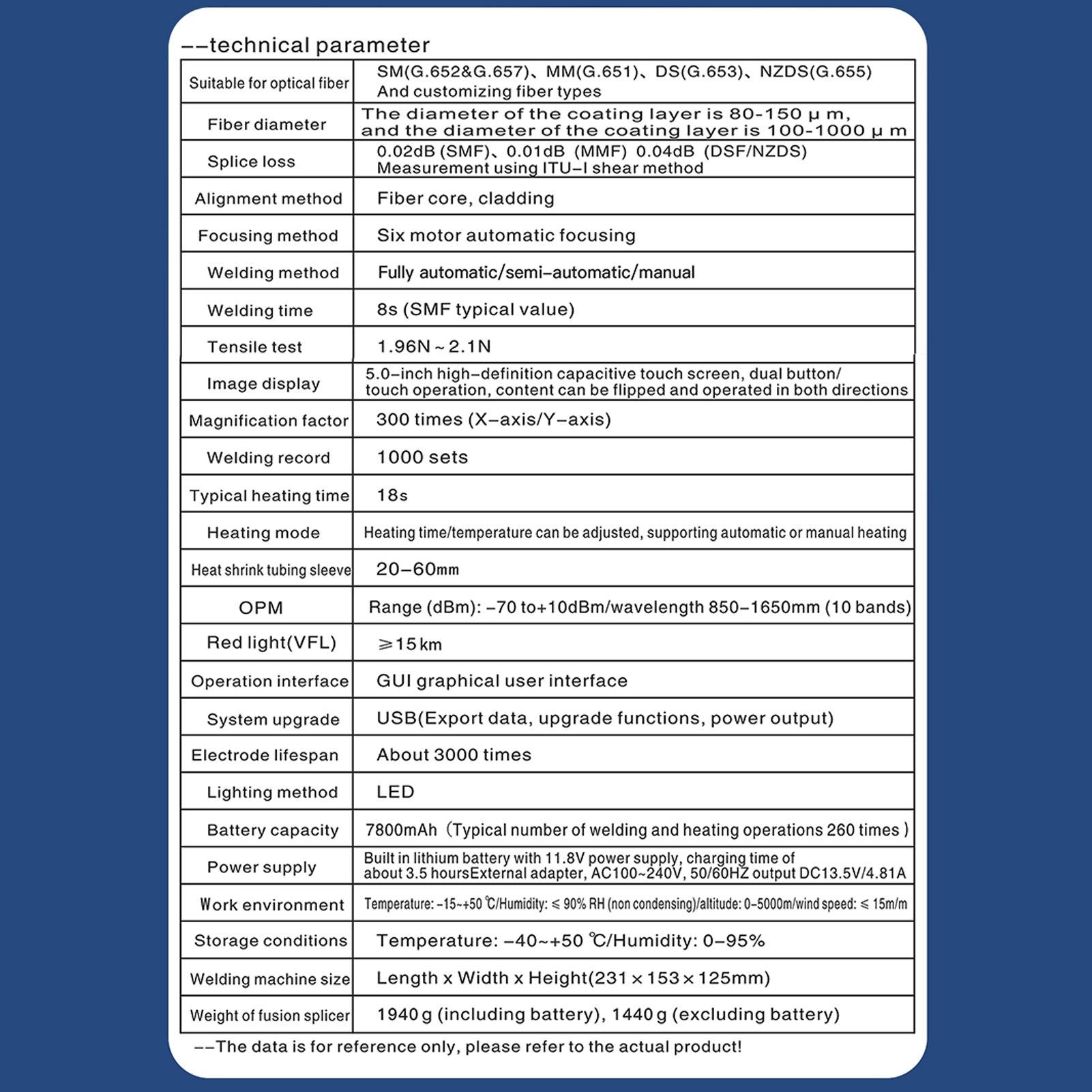 

Автоматический сварочный аппарат для оптоволокна 5,0-дюймовый емкостный сенсорный экран 8 с сварка 18 с нагрев 10