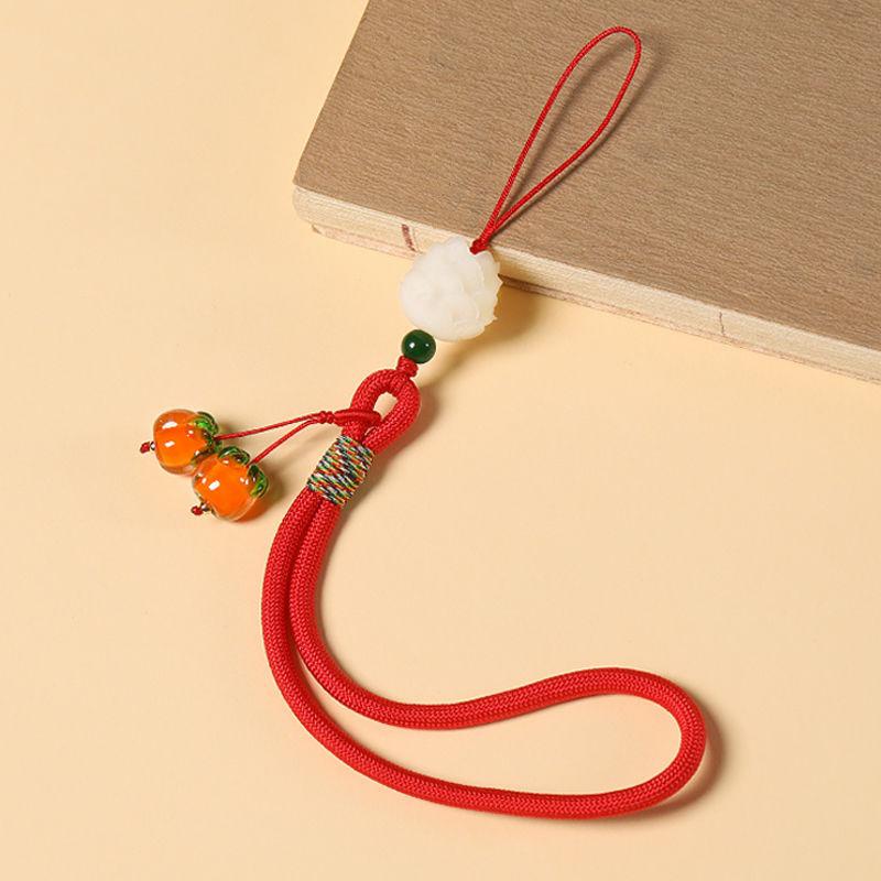 1Pc Persimmon Ruyi Mobile Phone Pendant Short Wrist Lanyard Men's and Women's Glazed Persimmon Pendant Keychain Anti-lost Rope Accessories