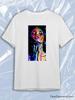 TeeSensation White Crew Neck Short Sleeve T-Shirt with Rectangular Colorful Pop Art Portrait of Woman with Paint On Face and Hands