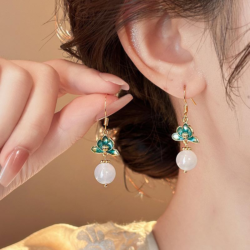 

Серьги с бахромой из стеклянных бусин в виде капающего лотоса, новые китайские серьги-крючки для ушей в нишевом стиле, с темпераментом, высококлассные, женские