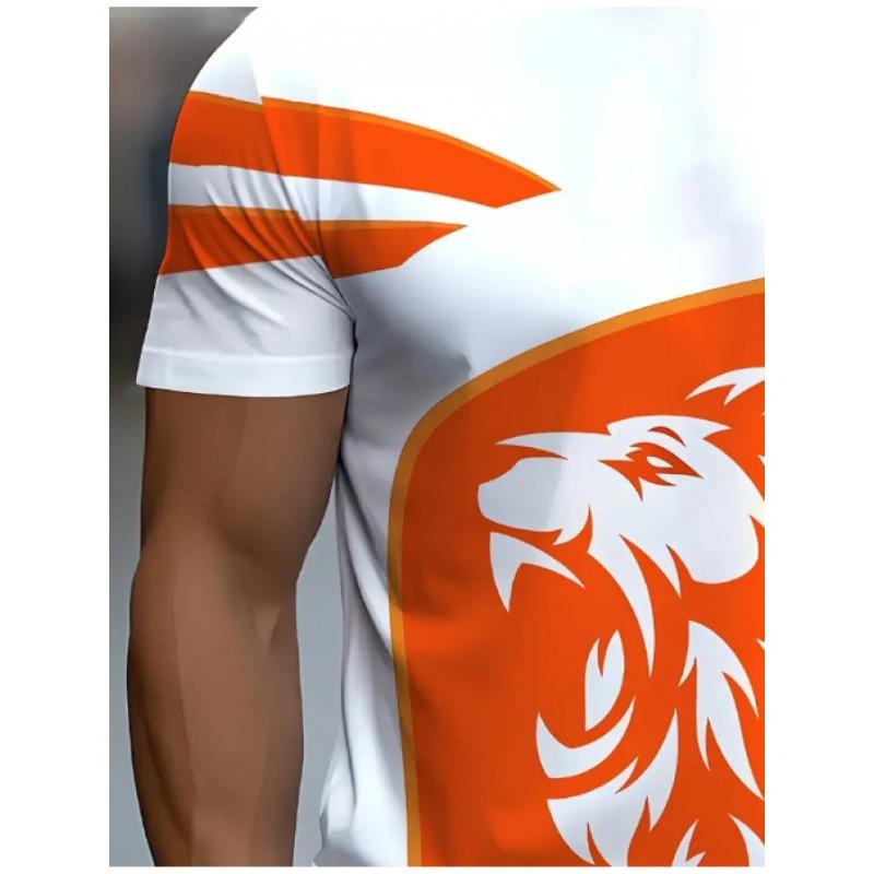 Herren T-Shirt mit Löwendruck und niederländischer Flagge, Orange & Weiß Colorblock, Kurzarm Rundhals, Lässiges Oberteil im Nationalmannschafts-Stil für Fußballfans