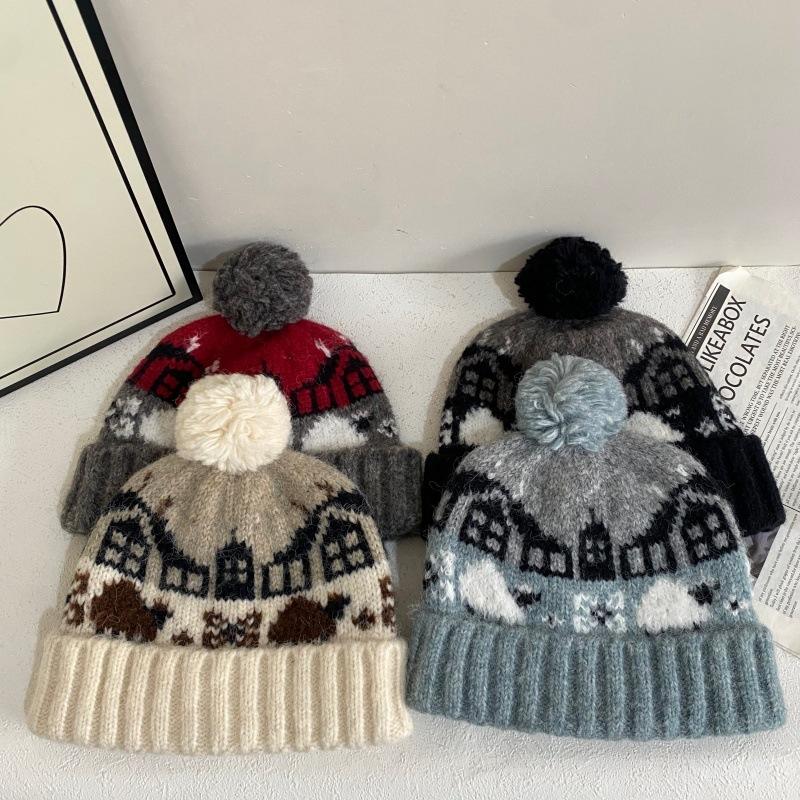 JYL TS DIY Fair Isle Beanie Women Winter Thickened Warm Ear Protection Hat Acrylic