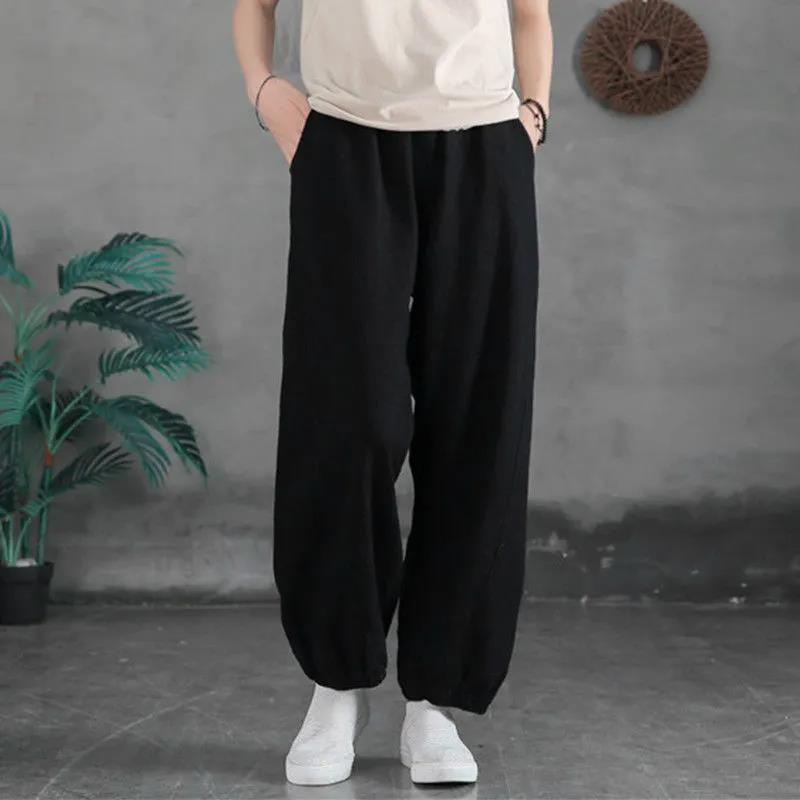 Summer Cotton Linen Literary Vintage Ankle Tie Pants Women's Loose Solid Color Versatile Casual Lantern Long Pants