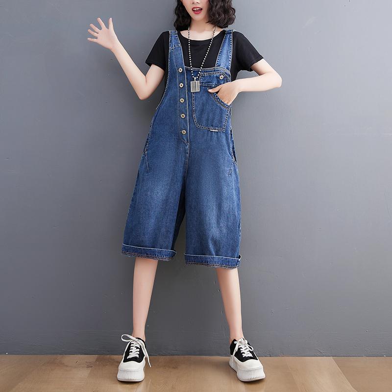 Loose Suspender Jeans Women Sleeveless Jeans Jumpsuit Summer Streetwear Denim Overalls Baggy Solid Wide Legs Denim Shorts