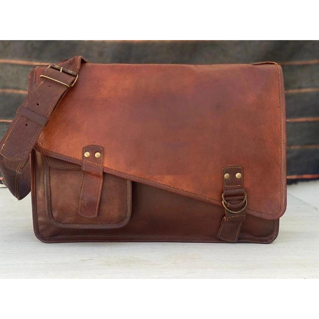 Men's Handmade Hide Leather Vintage Messenger Shoulder Laptop Bag Briefcase