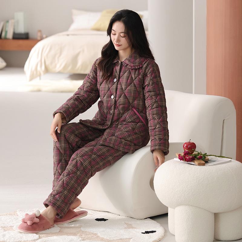 Thickened Warm Woven Padded Pajamas Women's Winter Coral Fleece Three-layer Fleece Loungewear Padded Jacket Pure Cotton Cotton Set