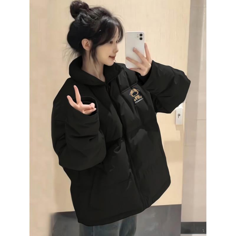 Women's Black Stand Collar Down Cotton Jacket - Autumn/Winter, Small, Loose, Warm, Thickened, Cold Protection Coat for High School Students.