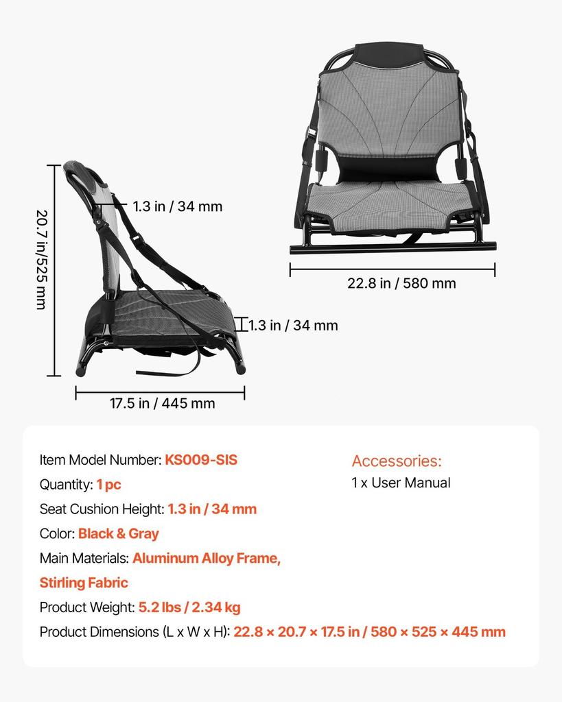 Kayak Seat, 1 Pack 34 mm Raised Height, Universal Foldable Canoe Seat with Adjustable Back Support, Adjustable Straps, and Aluminum Alloy Frame for