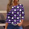 Women's Halloween T-Shirt Three Quarter Sleeve Round Neck Loose Fit Casual Blouse Top Fall Party Costume Outfit Print