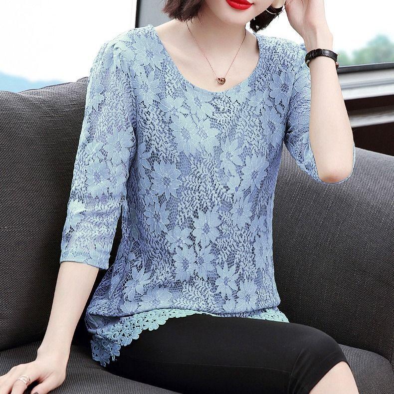 Lace 3/4 Sleeve Plus Size Women's Top Autumn T-shirt Versatile Belly Covering Westernized Shirt