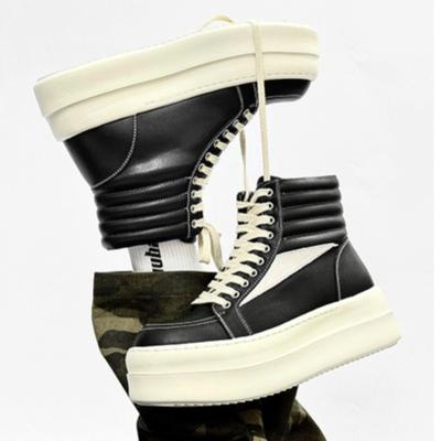 Fashion Couple Casual Short Boots Leather Canvas Version Black White High-top Womens Men Shoes Fad Thick-soled Heightening Ankle Booties