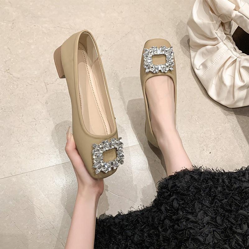 Soft leather soft bottom rhinestone women's shoes 2025 new fashion casual not tired feet flat bottom shallow mouth square head one pedal single shoes