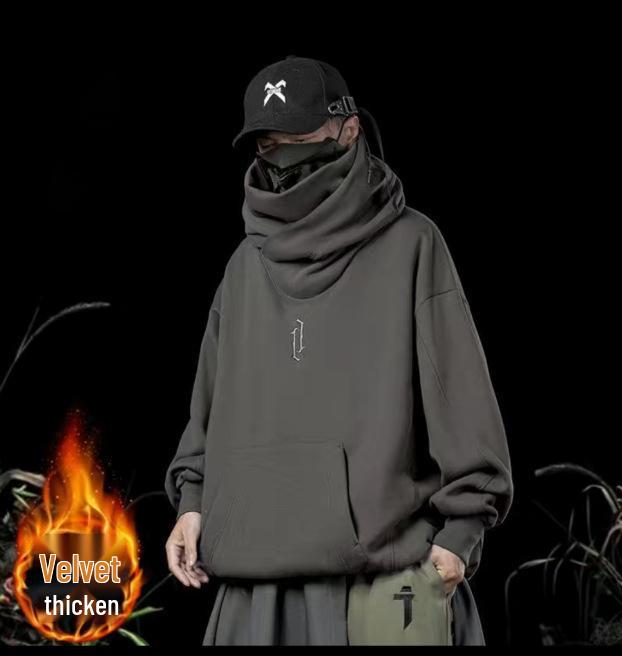 Men's Trendy Motorcycle Hooded Sweatshirt - Spring/Autumn Hip-Hop Style, High Collar, Loose Fit, Available in Light and Plus Velvet Options.