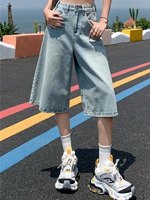 Pantaloni tăiați din denim largi de vară american vintage pentru femeie, pantaloni tăiați cu talie înaltă, spălați, blugi cu picioare largi, albastru deschis, pantaloni scurți largi