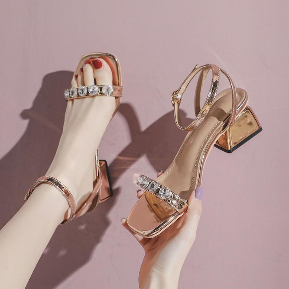 Sandals for Women 2025 New Summer Fairy High Heels for Women's Middle Heel Thick Heel Straight Strap Sandals Sandalias De Mujer