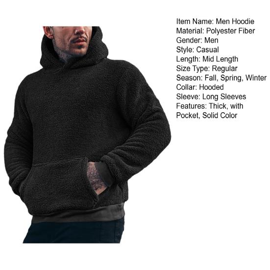Yousheng Fall Winter Men Hoodie with Pocket Hooded Long Sleeves Solid Color Fleece Pullover Thick Keep Warm Men Daily Wear Casual Top