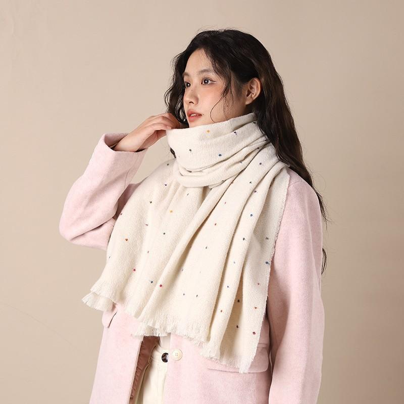 Solid Color White Scarf Women's Autumn and Winter New Polka Dot Tassel Korean Version Shawl Dual-purpose High-end Scarf