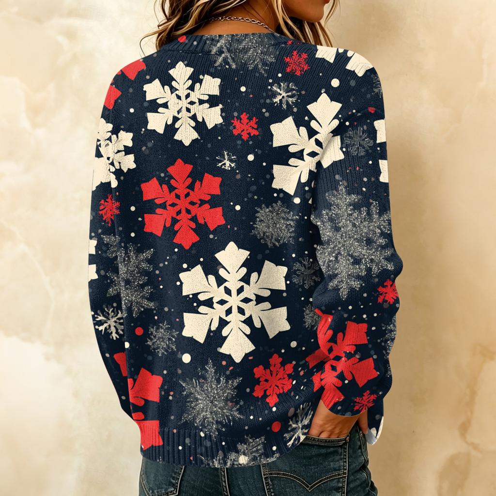 Women's Casual Christmas Print Long Sleeve Button-Up Knit Cardigan Sweater Coat for Holiday Wear