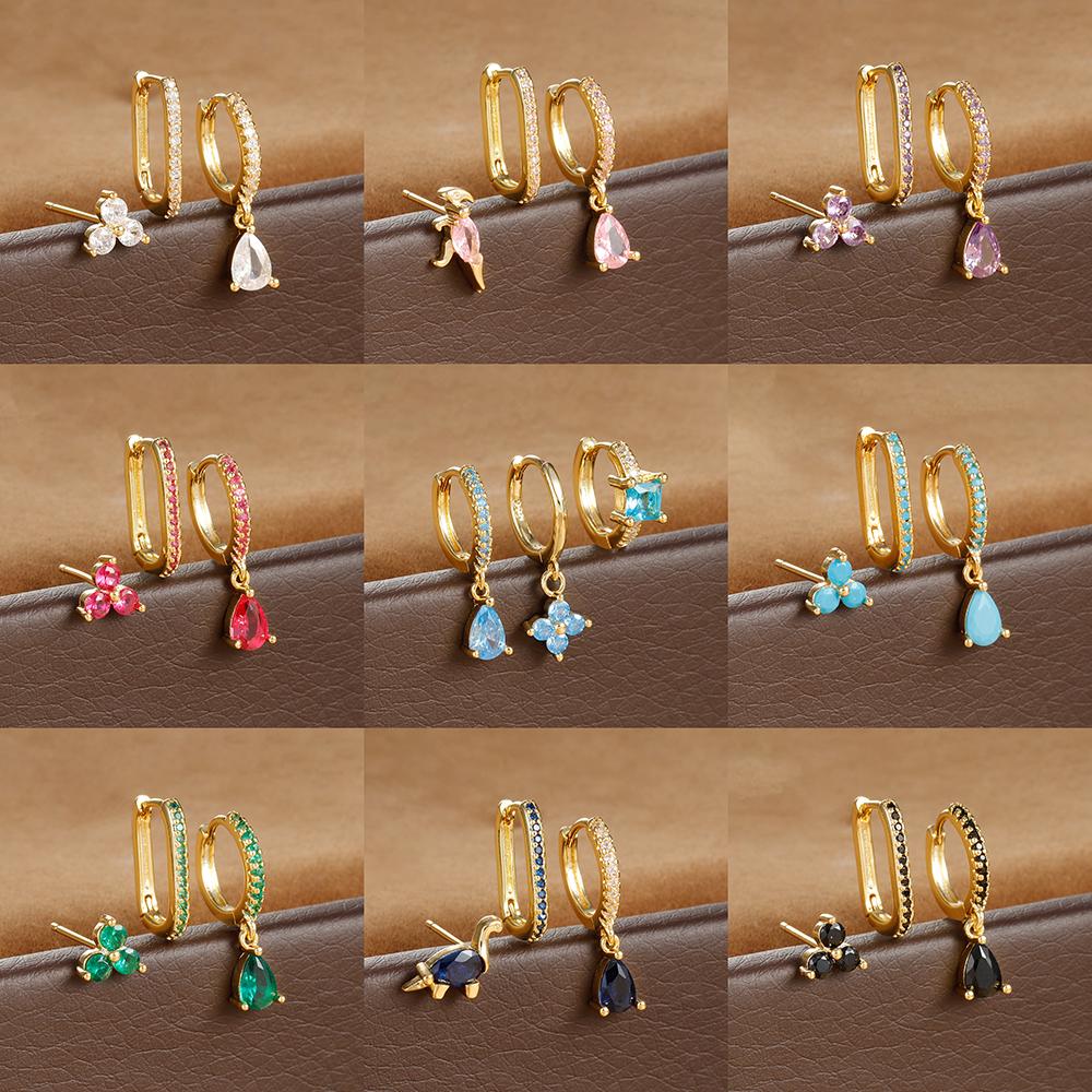 3PCS Fashion Water Drop Huggie Hoop Earrings Set for Women Three-petal Flower Stud Earrings Prevent Allergy Piercing Jewelry