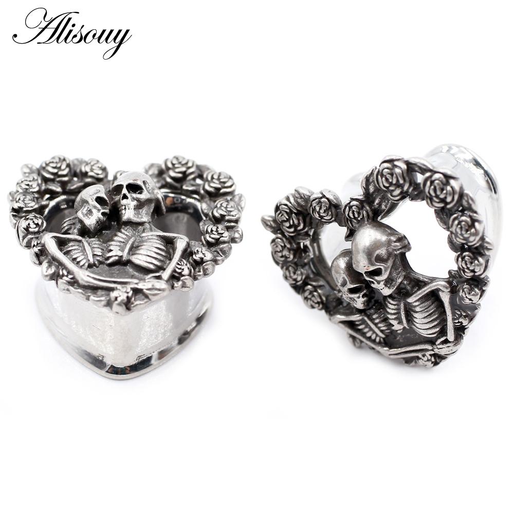Alisouy 2PCS Retro Stainless Steel Skull Rose Flower Heart Ear Plugs Tunnels Expander Stretchers Gauges Piercing Body Jewelry