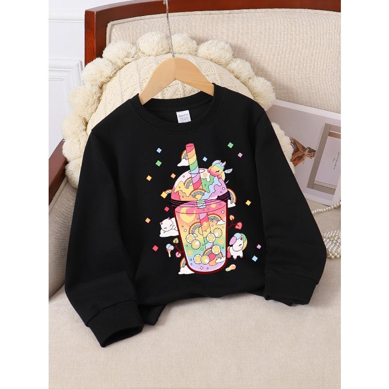 Kids Crewneck Sweatshirt, Rainbow Unicorn Bubble Tea Creative Print,Daily Casual Top for Spring & Autumn