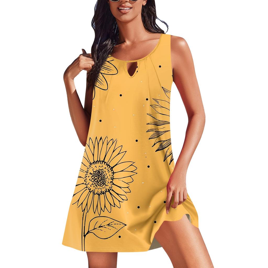 Damen Sommerkleider Lockerer U-Ausschnitt Ärmelloses Sommerkleid Kleid Mit Taschen
