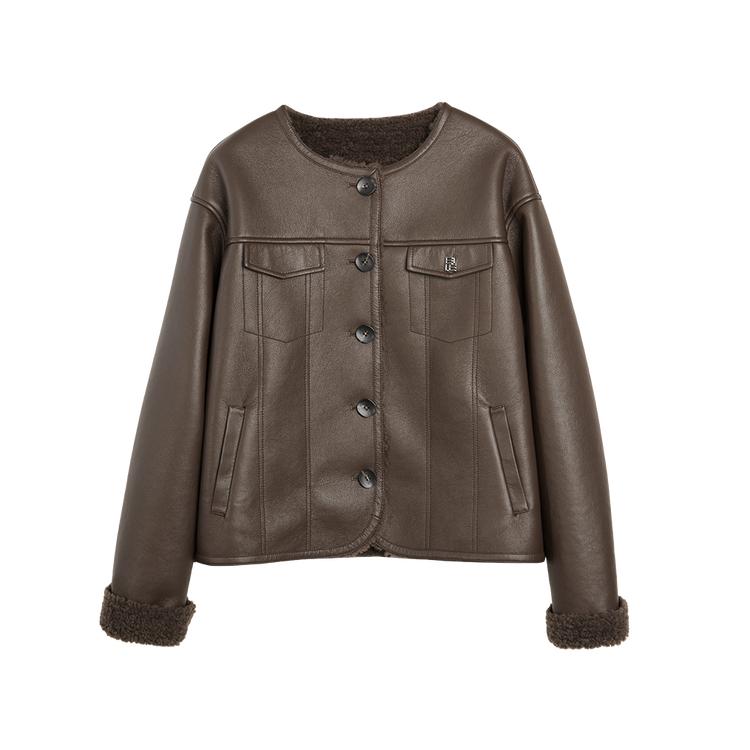 ELLE French Vintage Style Shearling Fashion Design Casual Loose Plush Leather Jacket Women jackets EF52678