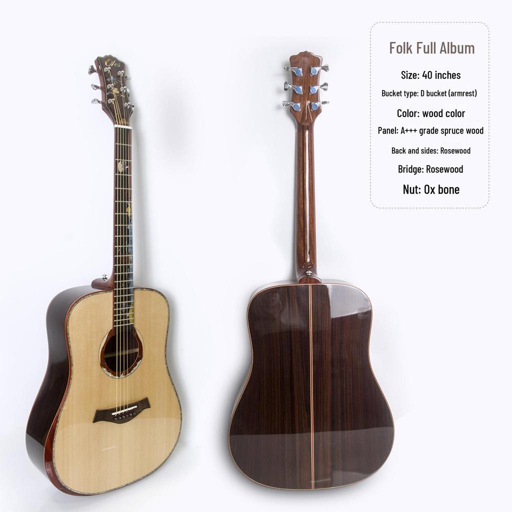 41-Inch Solid Spruce Rosewood Acoustic Folk Guitar - High-End Performance