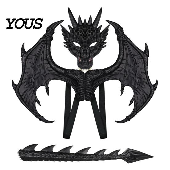 Dragon Dress Up Set Children's Costumes Set, with Mask Tail And Wing, Lightweight Red Blue Green Black Wings Cosplay Costumes, for Ages 3-12