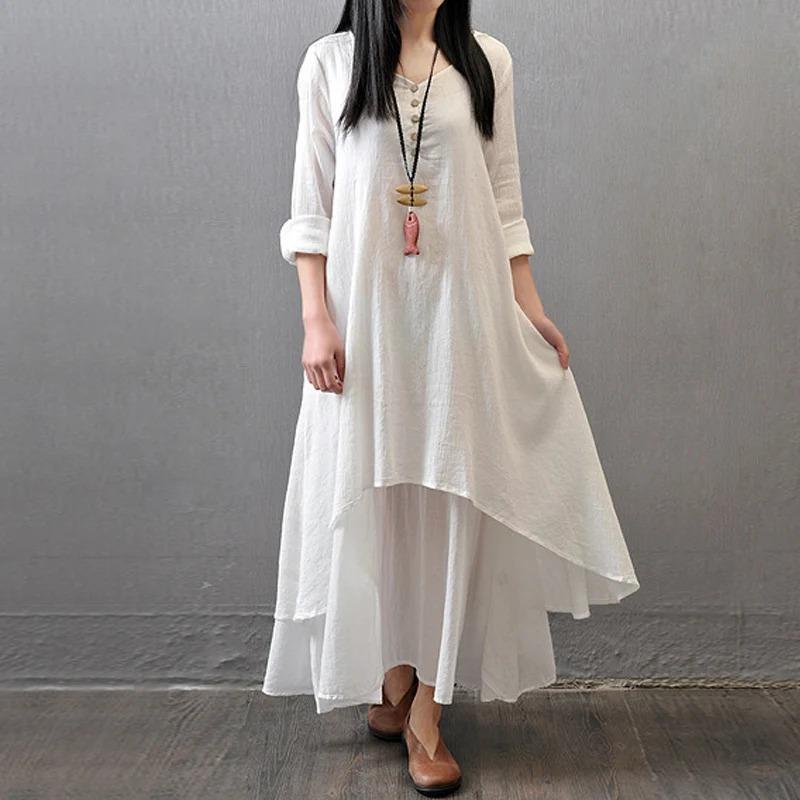 Rochie Midi Boemă de Vară Vintage Femei Elegantă Solidă Stratificată Mânecă Lungă Rochii Modă Largă Gât în V Casual Streetwear Vestidos