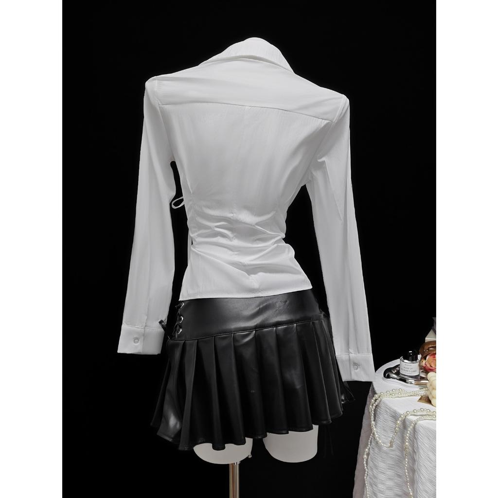 Women's Casual Top, Versatile, Elegant, Waist Cinching Design, Solid Color Women's Shirt
