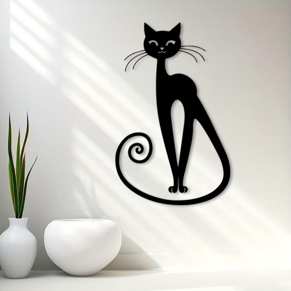 Black Cat Iron Wall Art, Metal Statue Mural for Office Patio Halloween Decor, Gift for Cat Lovers Rustic Farmhouse Hanging Ornament