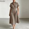 ZANZEA Casual dames overhemdjurk met omgeslagen kraag, ruitprint, losse korte mouwen