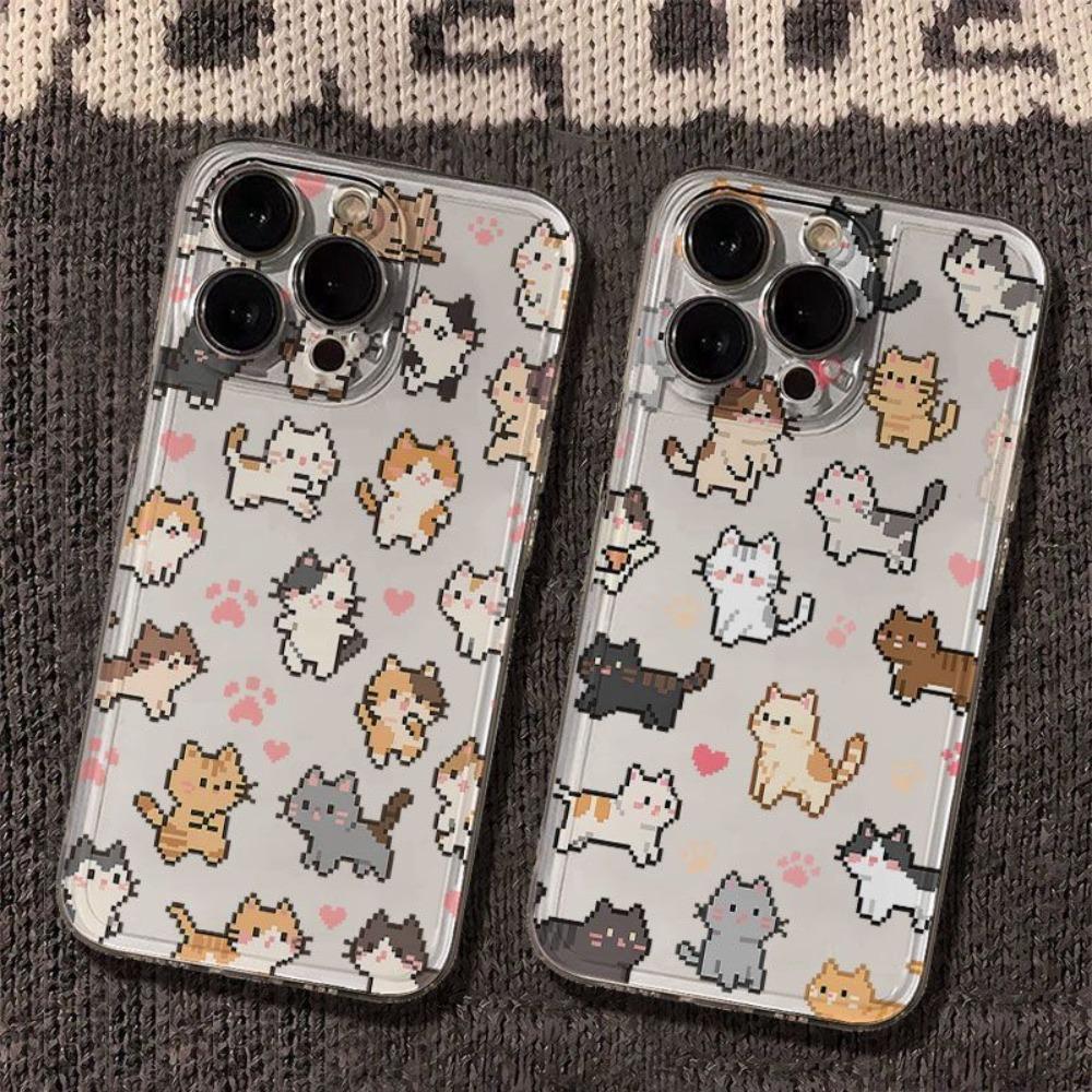 Transparent Shockproof Phone Case for IPhone 17 16 15 14 13 12 11 Pro Max IPhone 16 15 14 Plus Adorable Pixelated Kittens