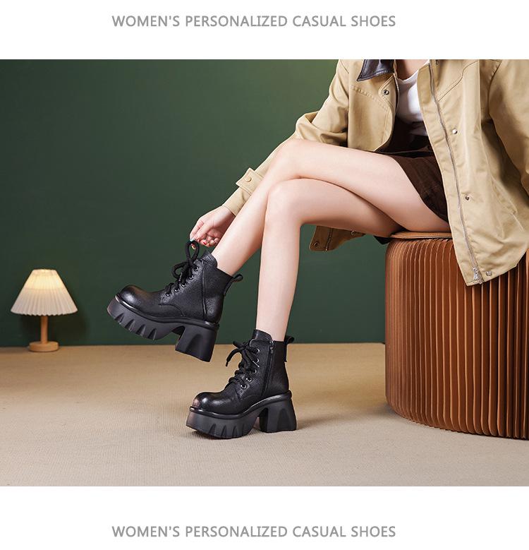 Women's Genuine Leather Martin Boots - Thick Sole, High Heel, Petite Height Boost, Versatile British Style for Autumn/Winter.