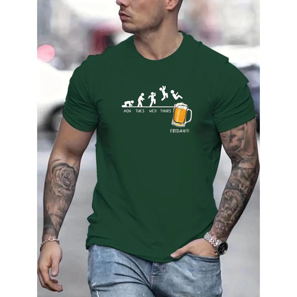 Summer men's 100% cotton casual loose size Jumping In Beer print round neck short sleeved T-shirt top