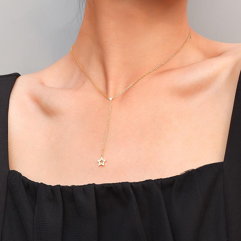 European Geometric Tassel Triangle & Star Necklace for Women - Clavicle Chain in 18K Gold Titanium Steel, Model P951.