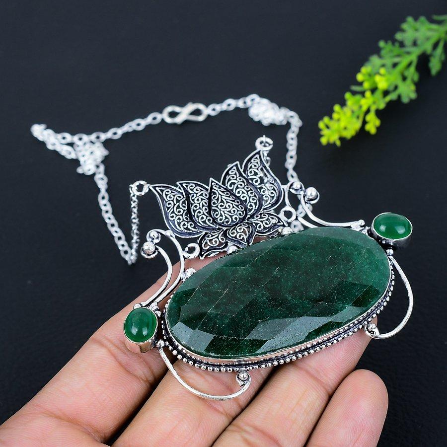 Smaragd Naturlig Onyx Ädelsten 925 Sterling Silver Halsband 18" R9y33