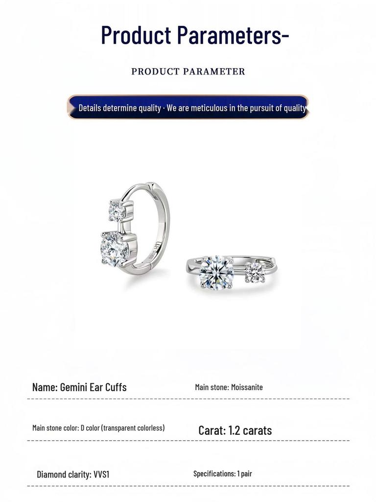 Genuine S925 Sterling Silver Moissanite Diamond Earrings: 18k White Gold-Plated Hoops, Light Luxury Cold Style Studs for Women